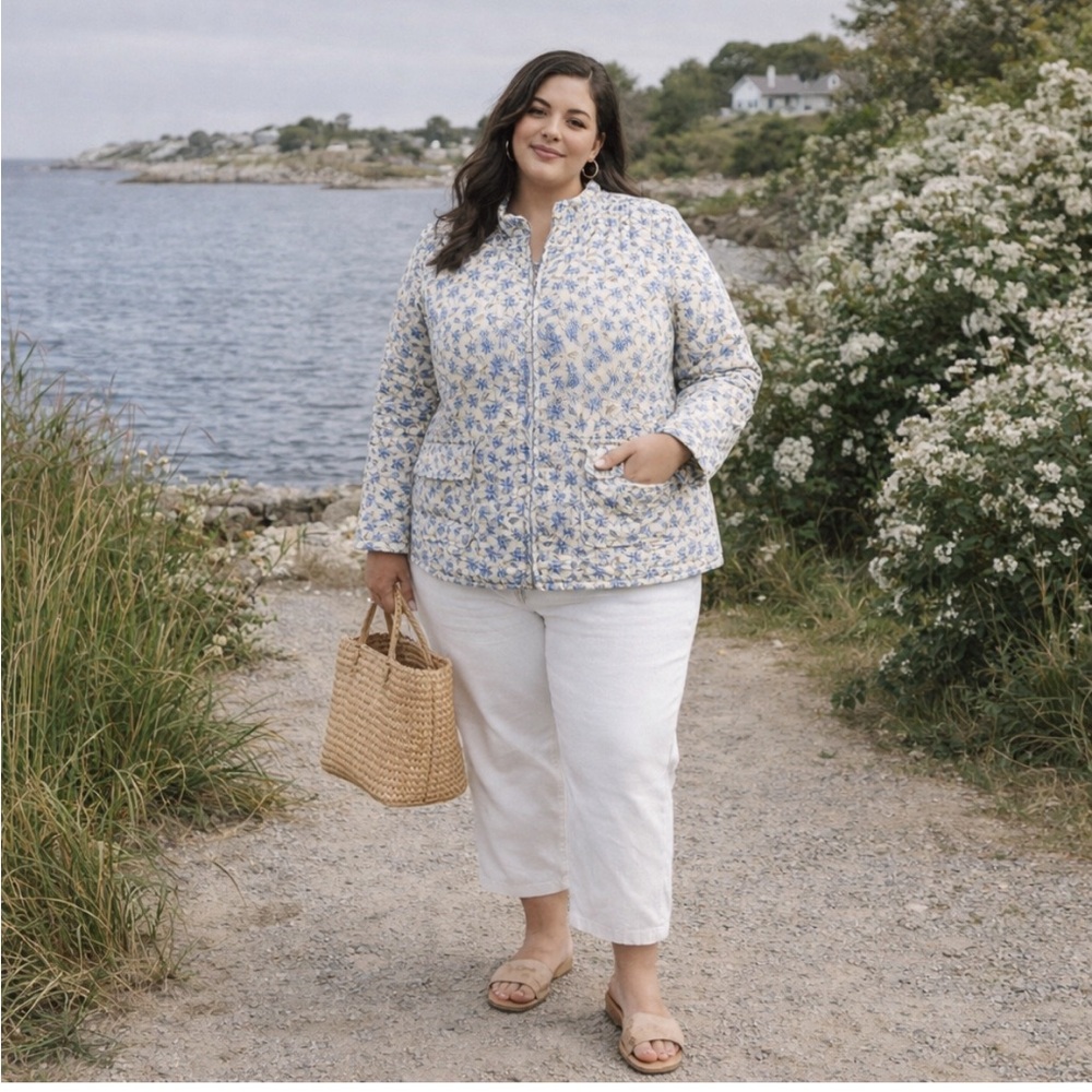 Blue Floral Quilted Jacket Cottagecore Coastal Grandma Chic‎ Zip-Up Bagatelle 1X